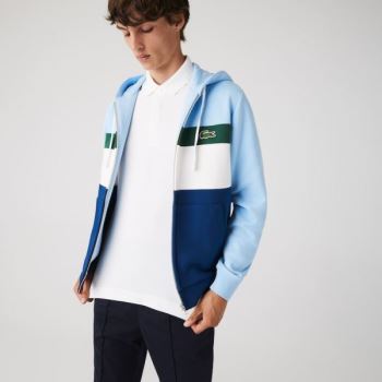 Lacoste Colorblock Fleece Zippered Hooded Sweatshirt - Mikiny Pánské Blankyt / Bílé / Zelene / Blank